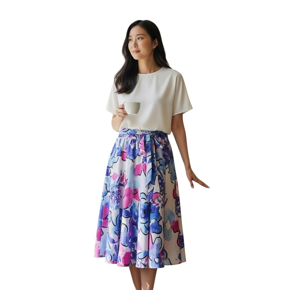 Mix Nouveau Floral A-Line Midi Skirt Fuchsia Peony L NWT Waist Tie‎ Pull On